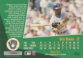 1993 Select #222 Greg Vaughn Back