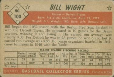 1953 Bowman Color #100 Bill Wight Back
