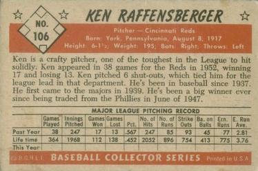 1953 Bowman Color #106 Ken Raffensberger Back