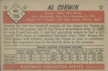 1953 Bowman Color #126 Al Corwin Back