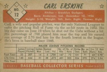 1953 Bowman Color #12 Carl Erskine Back