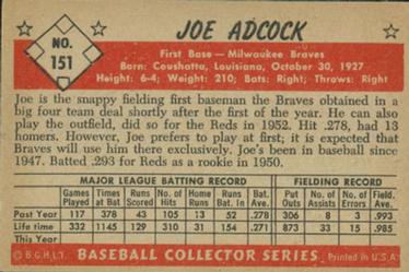 1953 Bowman Color #151 Joe Adcock Back