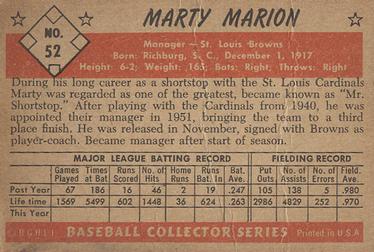1953 Bowman Color #52 Marty Marion Back