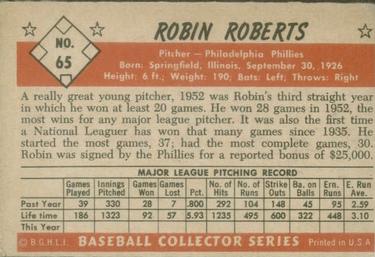 1953 Bowman Color #65 Robin Roberts Back