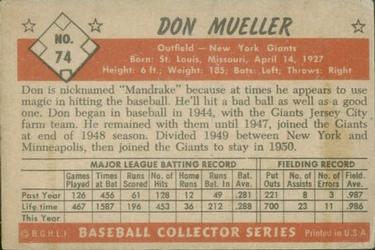1953 Bowman Color #74 Don Mueller Back