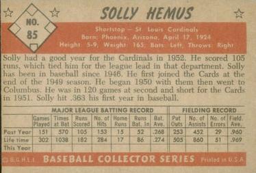 1953 Bowman Color #85 Solly Hemus Back