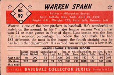 1953 Bowman Color #99 Warren Spahn Back