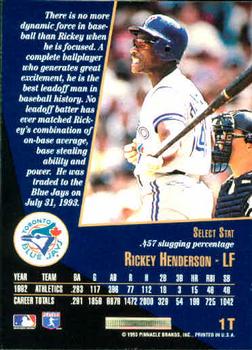 1993 Select Rookie & Traded #1T Rickey Henderson Back