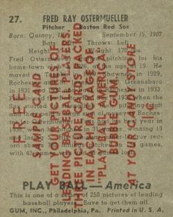 1939 Play Ball - Samples #27 Fritz Ostermueller Back