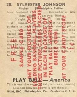 1939 Play Ball - Samples #28 Syl Johnson Back