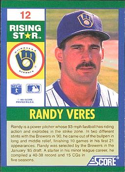 1991 Score 100 Rising Stars #12 Randy Veres Back