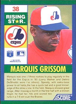 1991 Score 100 Rising Stars #38 Marquis Grissom Back