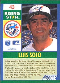 1991 Score 100 Rising Stars #43 Luis Sojo Back