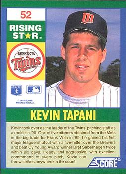 1991 Score 100 Rising Stars #52 Kevin Tapani Back