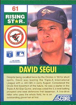 1991 Score 100 Rising Stars #61 David Segui Back