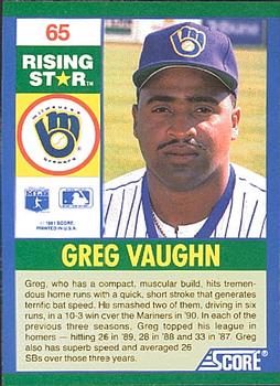 1991 Score 100 Rising Stars #65 Greg Vaughn Back