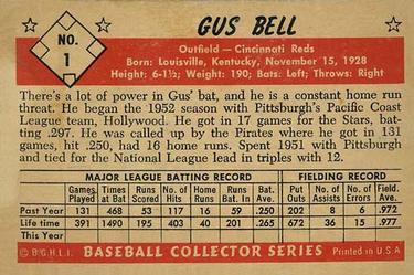 1953 Bowman Black & White #1 Gus Bell Back