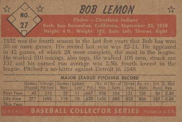 1953 Bowman Black & White #27 Bob Lemon Back