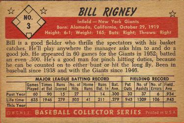 1953 Bowman Black & White #3 Bill Rigney Back