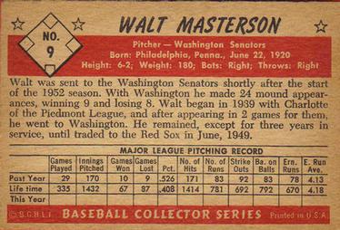 1953 Bowman Black & White #9 Walt Masterson Back