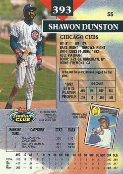 1993 Stadium Club #393 Shawon Dunston Back