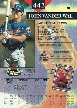 1993 Stadium Club #442 John Vander Wal Back