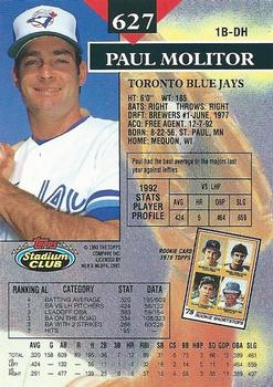 1993 Stadium Club #627 Paul Molitor Back