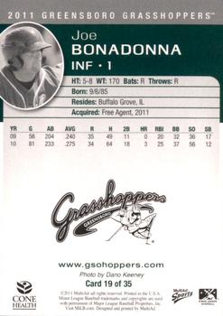 2011 MultiAd Greensboro Grasshoppers SGA #19 Joe Bonadonna Back