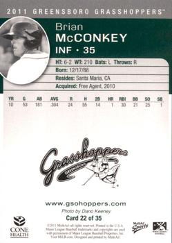 2011 MultiAd Greensboro Grasshoppers SGA #22 Brian McConkey Back