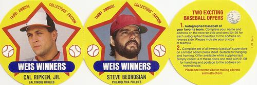 1989 Weis Winners Discs - Panels #15-16 Steve Bedrosian / Cal Ripken, Jr. Front