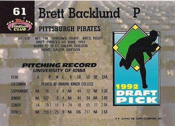 1993 Stadium Club Murphy #61 Brett Backlund Back