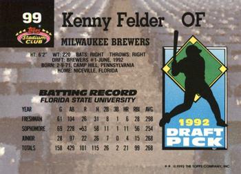 1993 Stadium Club Murphy #99 Kenny Felder Back