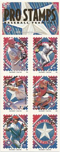1996 Pro Stamps - Uncut Sheets #096-100 Benji Gil / Will Clark / Juan Gonzalez / Ivan Rodriguez / Dean Palmer / Rangers Logo Front