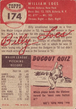 1953 Topps #174 Billy Loes Back