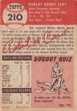 1953 Topps #210 Bob Cerv Back
