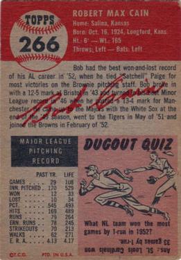1953 Topps #266 Bob Cain Back