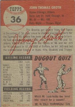 1953 Topps #36 Johnny Groth Back