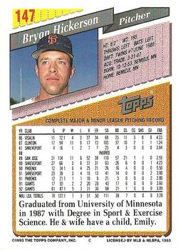 1993 Topps #147 Bryan Hickerson Back