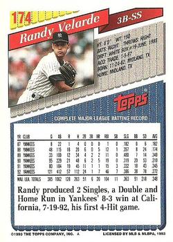 1993 Topps #174 Randy Velarde Back