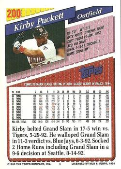 1993 Topps #200 Kirby Puckett Back
