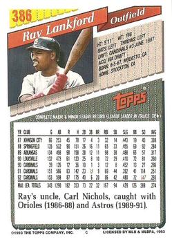 1993 Topps #386 Ray Lankford Back