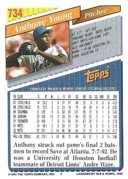 1993 Topps #734 Anthony Young Back