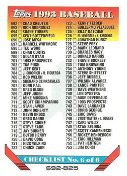 1993 Topps #825 Checklist 6: 692-825 Front