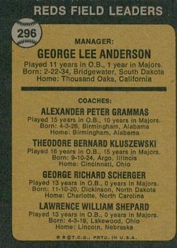 2022 Topps Heritage - 50th Anniversary Buybacks #296 Reds Field Leaders (Sparky Anderson / Alex Grammas / Ted Kluszewski / George Scherger / Larry Shepard) Back