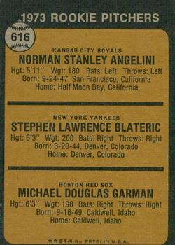 2022 Topps Heritage - 50th Anniversary Buybacks #616 1973 Rookie Pitchers (Norm Angelini / Steve Blateric / Mike Garman) Back