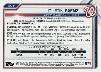 2021 Bowman Draft - Chrome Sky Blue Refractor #BDC-14 Dustin Saenz Back