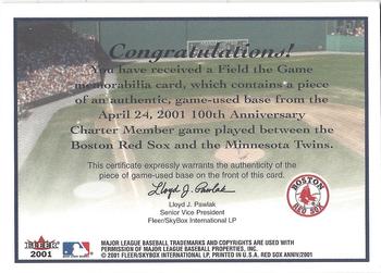 2001 Fleer Boston Red Sox 100th Anniversary - Field the Game Exchange #NNO Field the Game Back
