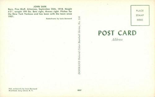 1953-55 Dormand Postcards #116 Johnny Sain Back
