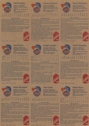 1988 New York Mets Junior Mets Club - Uncut Sheet #NNO Darryl Strawberry / Howard Johnson / Sid Fernandez / Keith Hernandez / Dwight Gooden / Kevin Elster / Randy Myers / Gary Carter / Roger McDowell Back