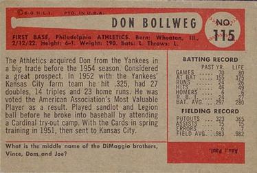 1954 Bowman #115 Don Bollweg Back